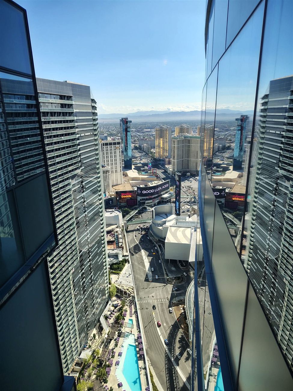 View through a narrow gap between two Las Vegas high-rises