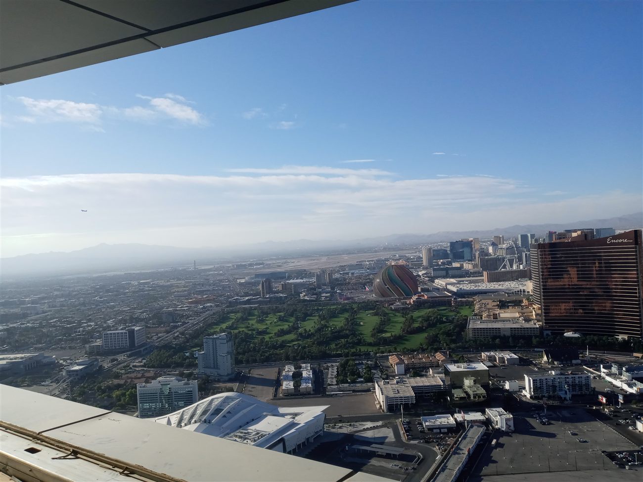 Aerial view of the Sphere during early construction, before its LED screen was installed