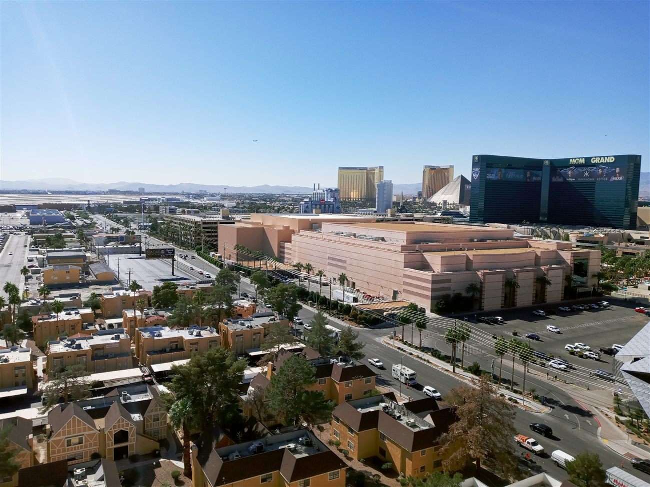 Aerial view of MGM Grand, Mandalay Bay, and Luxor along the Strip