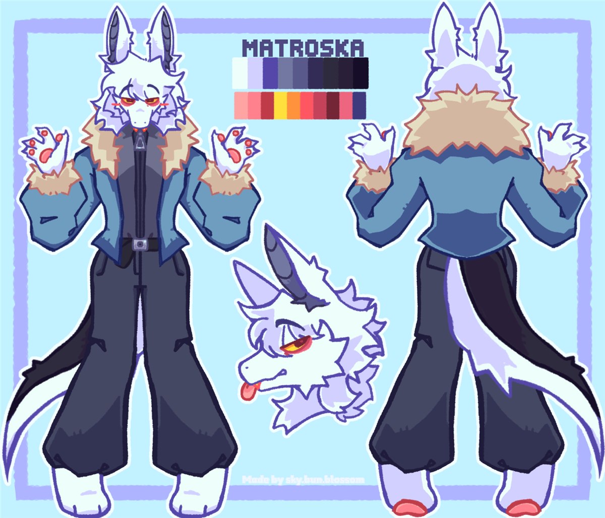 Official Matroska reference sheet showing his outfit, color palette, and a headshot
