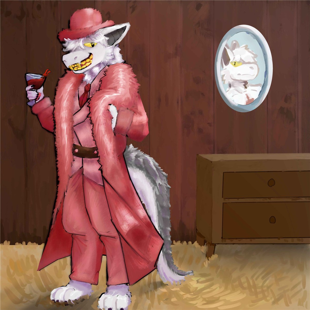 Matroska in a pink fur coat sipping a drink in front of a mirror