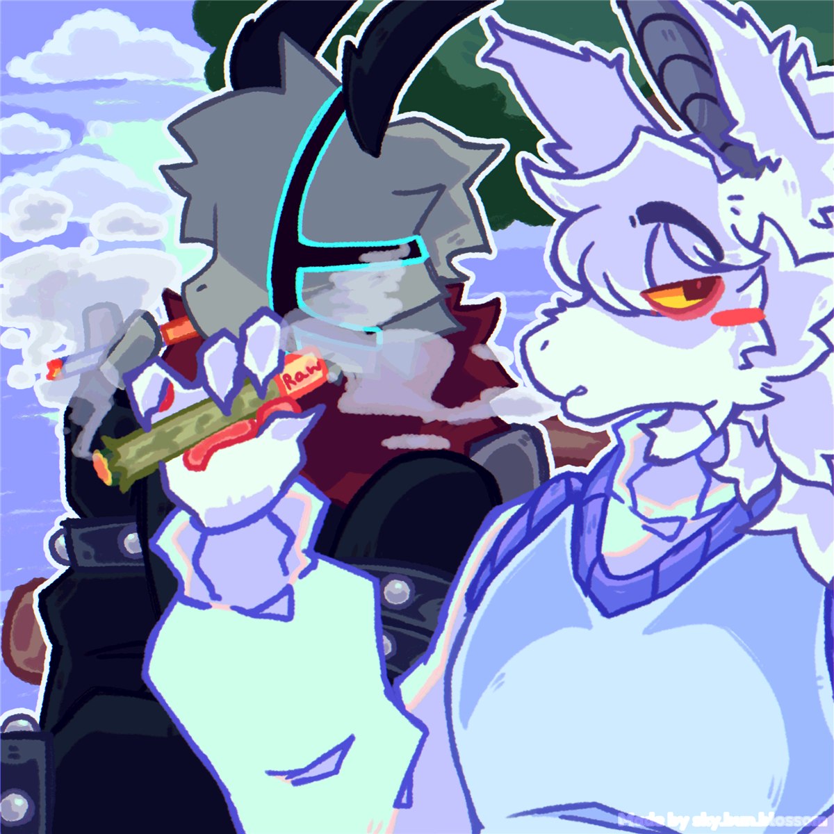 Matroska sharing a joint with a knight-helmeted friend character