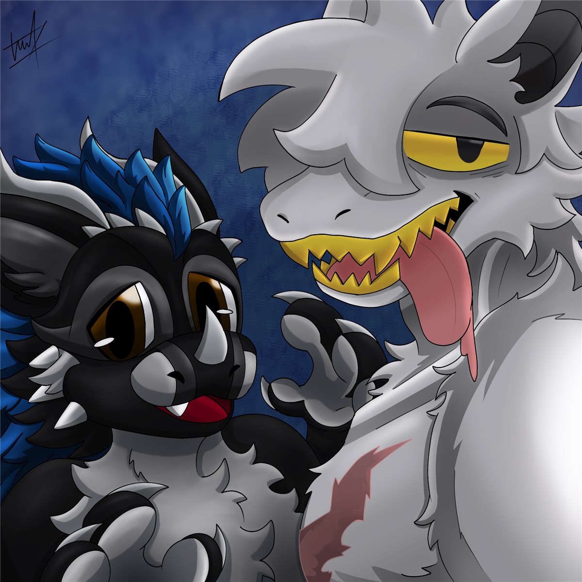 Matroska making a face next to a horned dragon friend character