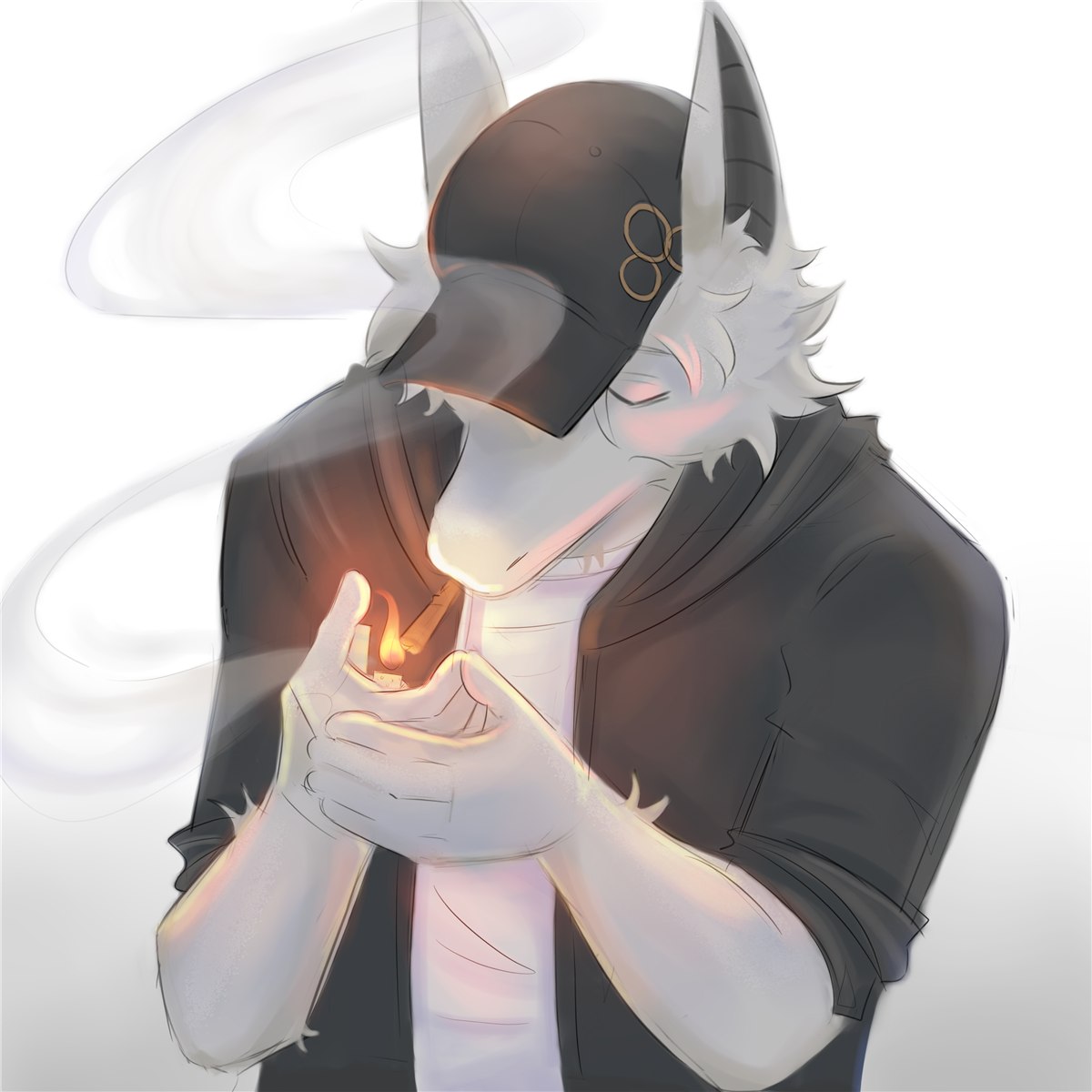 Matroska lighting a cigarette under a cap