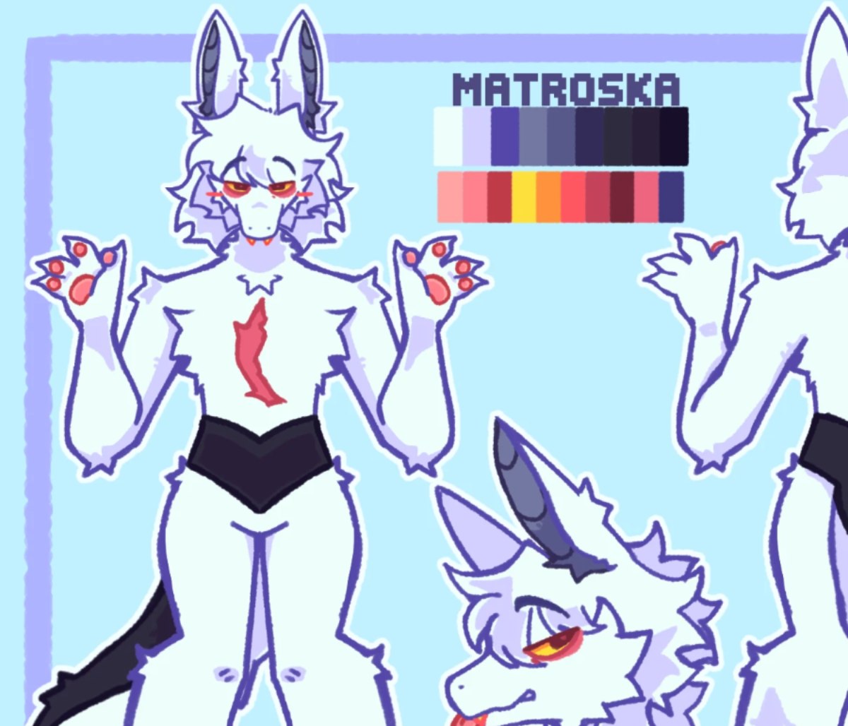 Matroska anatomy reference sheet showing paw pads, chest scar, and color palette on a blue background